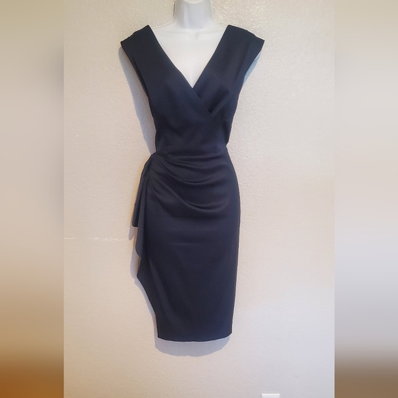 Maggie London Jackie O Satin Cocktail Side Bustled Pencil Midi Dress Sz 14 - Picture 2 of 12
